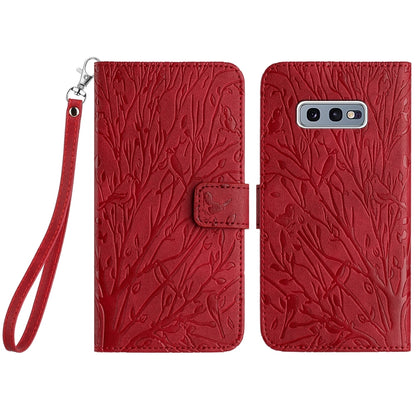 Samsung Galaxy S10e Embossed Leather Phone Case with Tree Birds Pattern, Hand Strap, Card Holder & Adjustable Stand - Shockproof Wallet Cover
