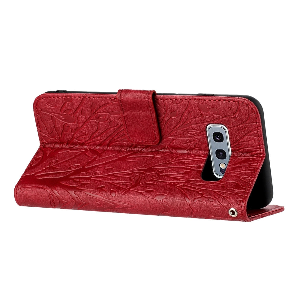 Samsung Galaxy S10e Embossed Leather Phone Case with Tree Birds Pattern, Hand Strap, Card Holder & Adjustable Stand - Shockproof Wallet Cover