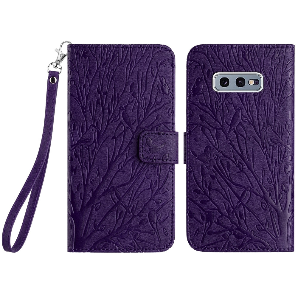 Samsung Galaxy S10e Embossed Leather Phone Case with Tree Birds Pattern, Hand Strap, Card Holder & Adjustable Stand - Shockproof Wallet Cover