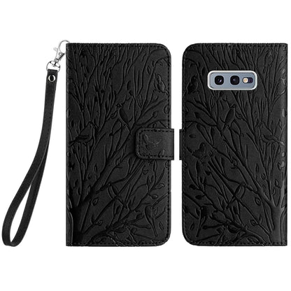 Samsung Galaxy S10e Embossed Leather Phone Case with Tree Birds Pattern, Hand Strap, Card Holder & Adjustable Stand - Shockproof Wallet Cover