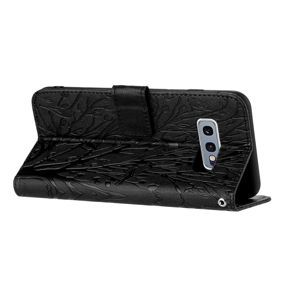 Samsung Galaxy S10e Embossed Leather Phone Case with Tree Birds Pattern, Hand Strap, Card Holder & Adjustable Stand - Shockproof Wallet Cover