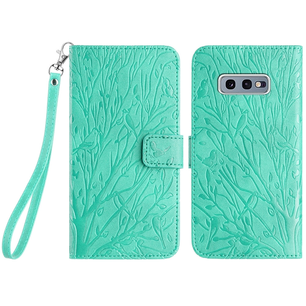 Samsung Galaxy S10e Embossed Leather Phone Case with Tree Birds Pattern, Hand Strap, Card Holder & Adjustable Stand - Shockproof Wallet Cover