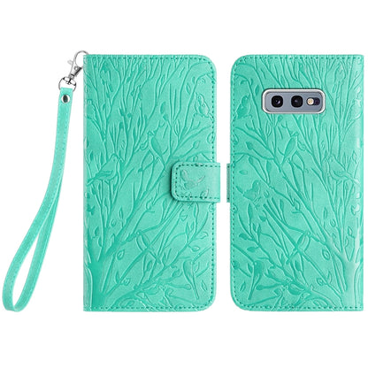 Samsung Galaxy S10e Embossed Leather Phone Case with Tree Birds Pattern, Hand Strap, Card Holder & Adjustable Stand - Shockproof Wallet Cover