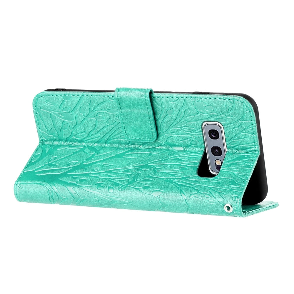 Samsung Galaxy S10e Embossed Leather Phone Case with Tree Birds Pattern, Hand Strap, Card Holder & Adjustable Stand - Shockproof Wallet Cover