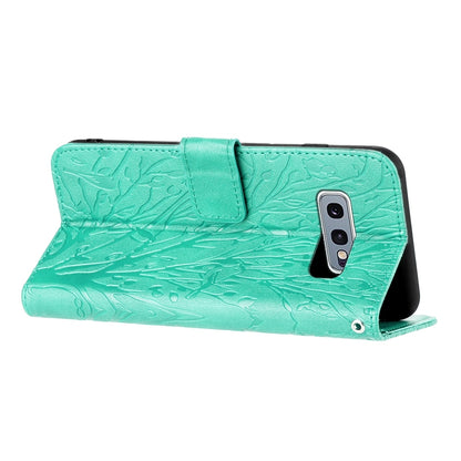 Samsung Galaxy S10e Embossed Leather Phone Case with Tree Birds Pattern, Hand Strap, Card Holder & Adjustable Stand - Shockproof Wallet Cover