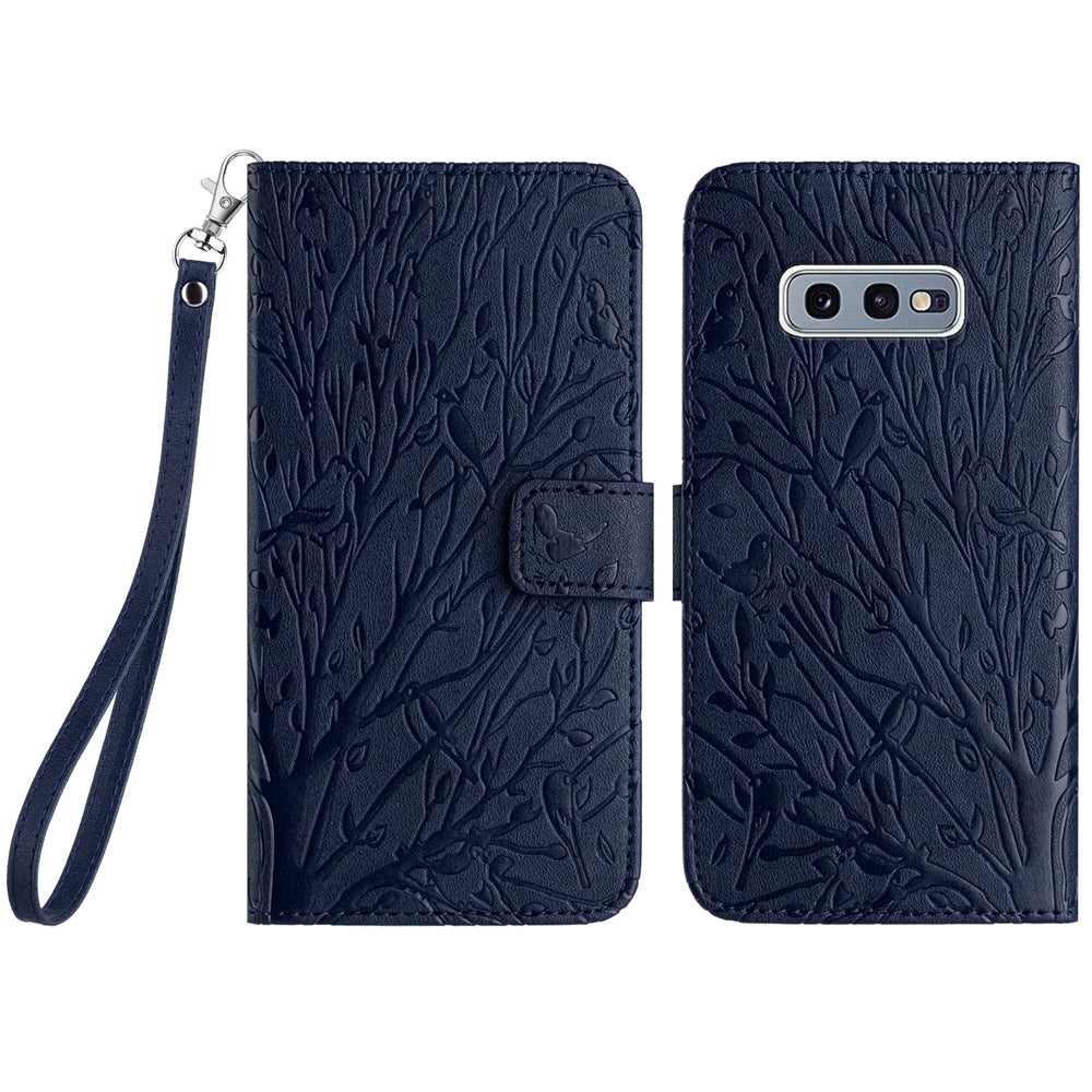 Samsung Galaxy S10e Embossed Leather Phone Case with Tree Birds Pattern, Hand Strap, Card Holder & Adjustable Stand - Shockproof Wallet Cover