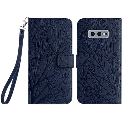 Samsung Galaxy S10e Embossed Leather Phone Case with Tree Birds Pattern, Hand Strap, Card Holder & Adjustable Stand - Shockproof Wallet Cover