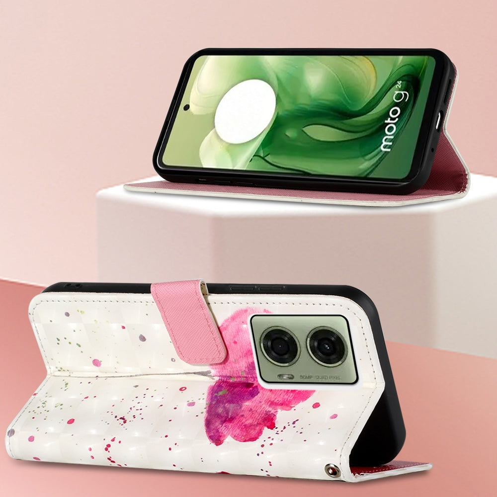 Motorola Moto G24 4G Leather Flip Phone Case with 3D Painted Design, Card Holder, Wallet & Stand Function - Durable Protection & Easy Access