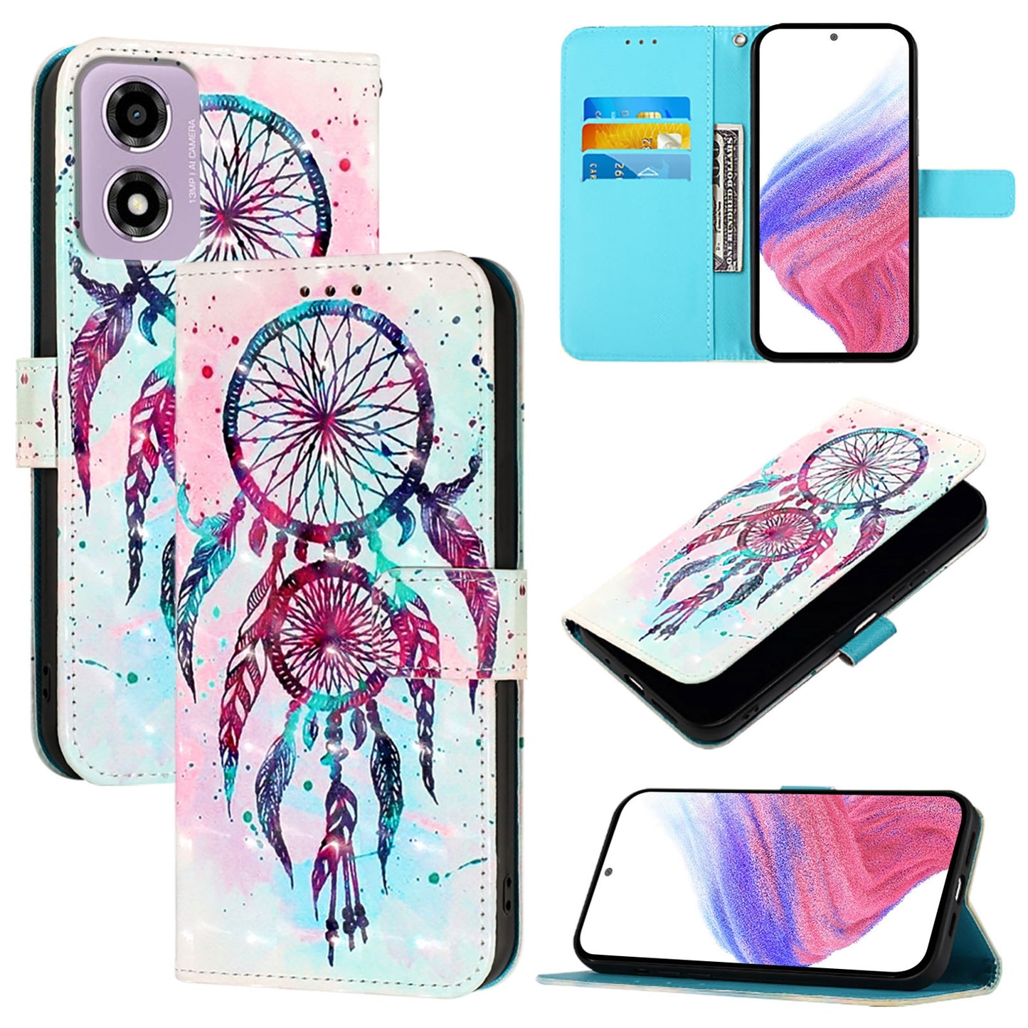 Motorola Moto E14 Leather Flip Phone Case with 3D Painted Design, Card Holder, Wallet & Stand Function - Durable Protection & Easy Access