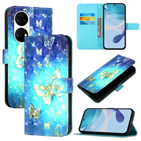 Huawei P50 Leather Flip Phone Case with 3D Painted Design, Card Holder, Wallet & Stand Function - Durable Protection & Easy Access