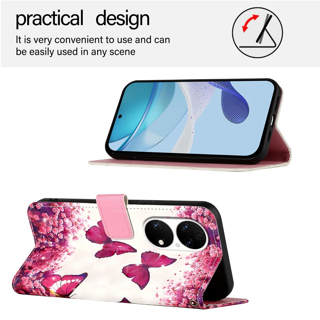 Huawei P50 Leather Flip Phone Case with 3D Painted Design, Card Holder, Wallet & Stand Function - Durable Protection & Easy Access