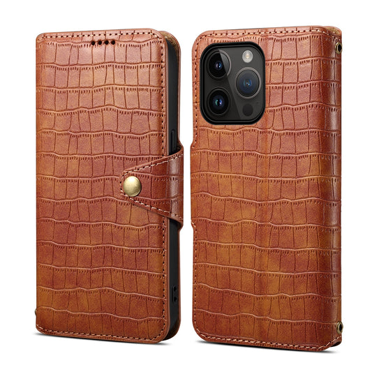 iPhone 15 Pro Max Denior Leather Case - Crocodile Texture with Oil Edge, Wallet & Kickstand Features