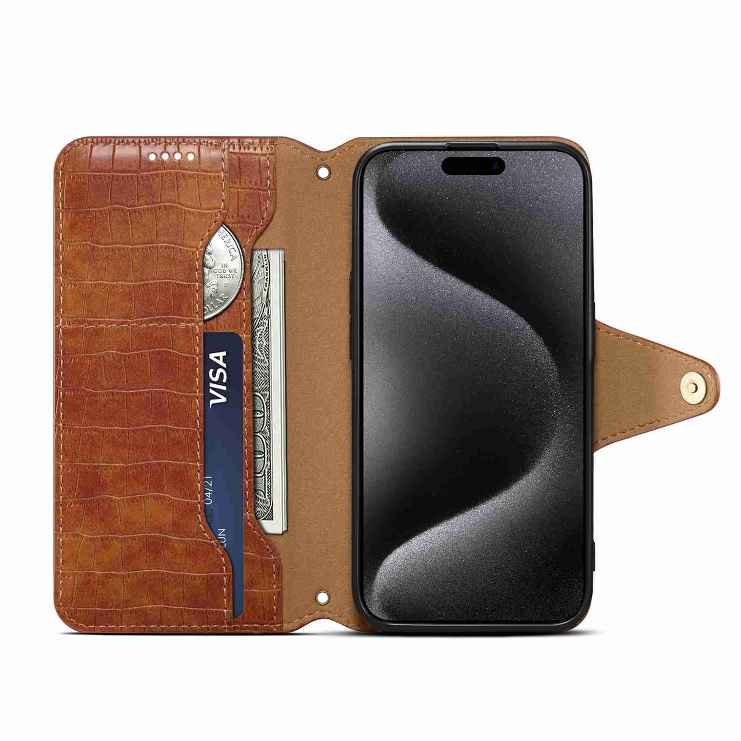 iPhone 15 Pro Max Denior Leather Case - Crocodile Texture with Oil Edge, Wallet & Kickstand Features