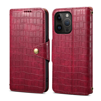 iPhone 15 Pro Max Denior Leather Case - Crocodile Texture with Oil Edge, Wallet & Kickstand Features