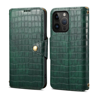 iPhone 15 Pro Max Denior Leather Case - Crocodile Texture with Oil Edge, Wallet & Kickstand Features