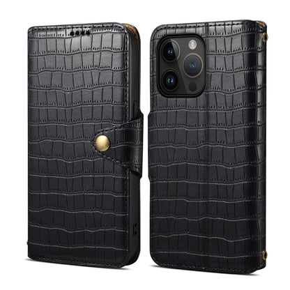 iPhone 15 Pro Max Denior Leather Case - Crocodile Texture with Oil Edge, Wallet & Kickstand Features