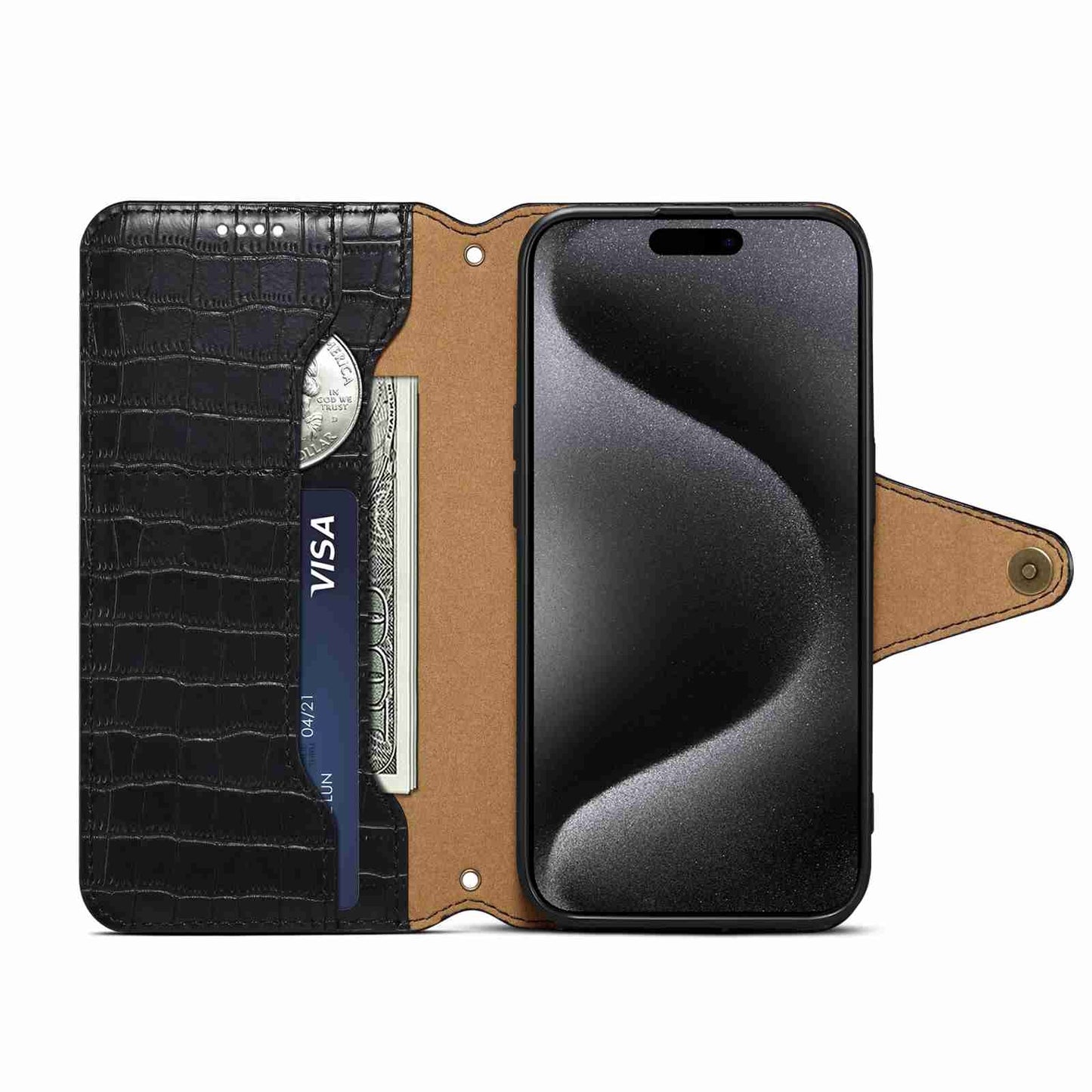 iPhone 15 Pro Max Denior Leather Case - Crocodile Texture with Oil Edge, Wallet & Kickstand Features