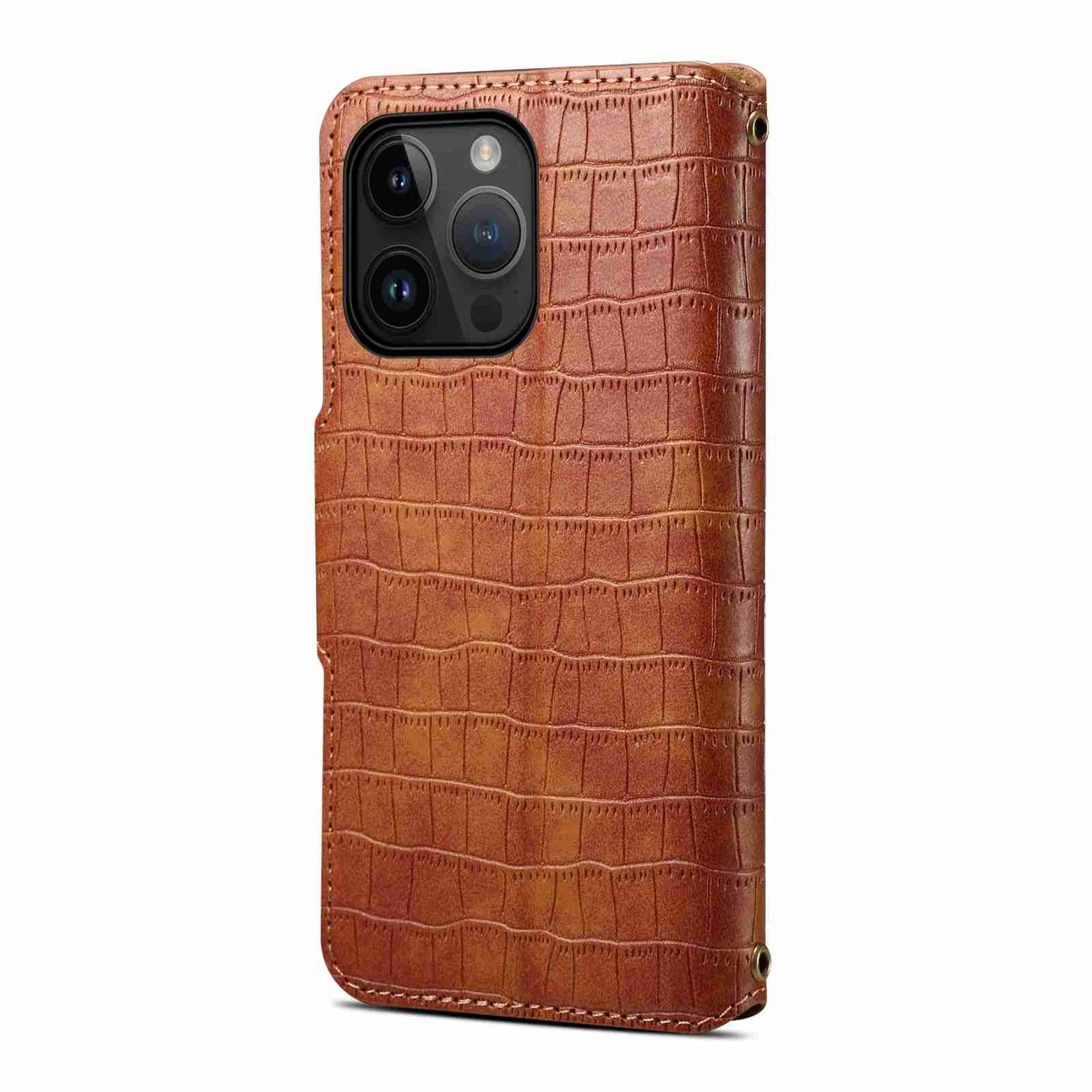 iPhone 15 Pro Denior Leather Case - Crocodile Texture with Oil Edge, Wallet & Kickstand Features