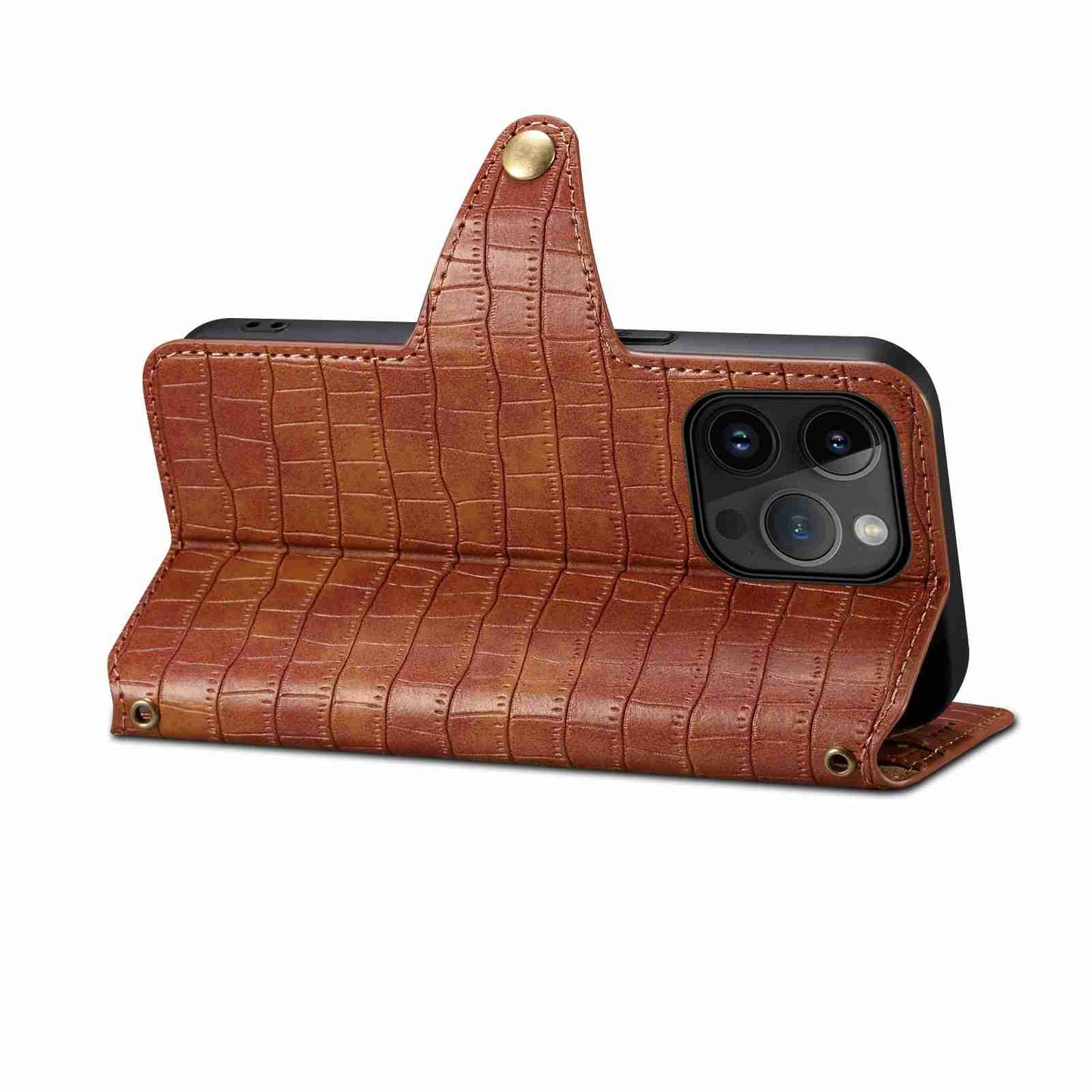 iPhone 15 Pro Denior Leather Case - Crocodile Texture with Oil Edge, Wallet & Kickstand Features