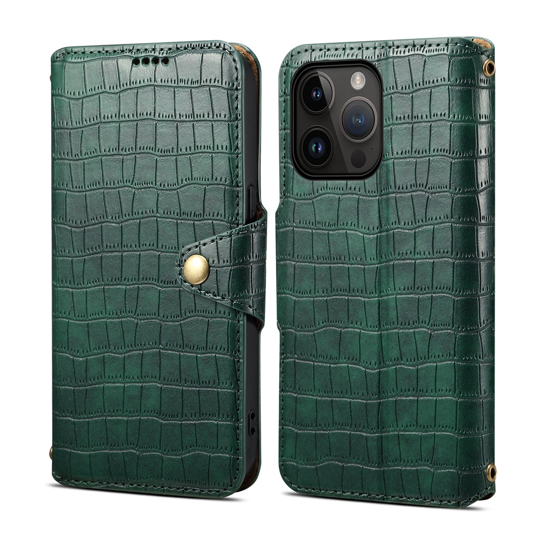 iPhone 15 Pro Denior Leather Case - Crocodile Texture with Oil Edge, Wallet & Kickstand Features