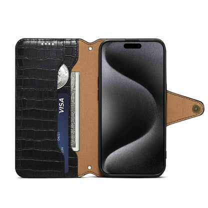 iPhone 15 Pro Denior Leather Case - Crocodile Texture with Oil Edge, Wallet & Kickstand Features