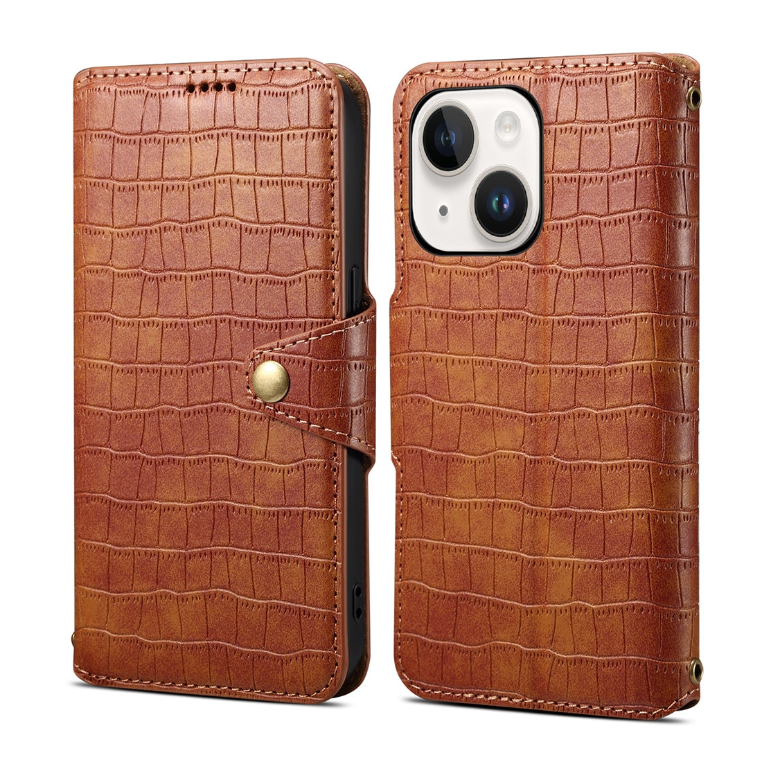 iPhone 15 Plus Denior Leather Case - Crocodile Texture with Oil Edge, Wallet & Kickstand Features