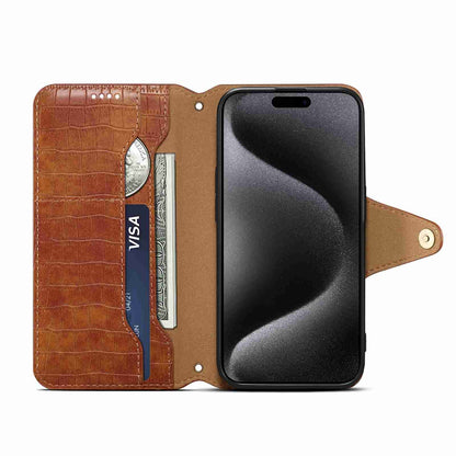 iPhone 15 Plus Denior Leather Case - Crocodile Texture with Oil Edge, Wallet & Kickstand Features