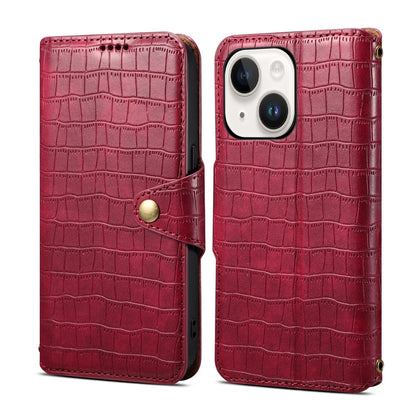 iPhone 15 Plus Denior Leather Case - Crocodile Texture with Oil Edge, Wallet & Kickstand Features