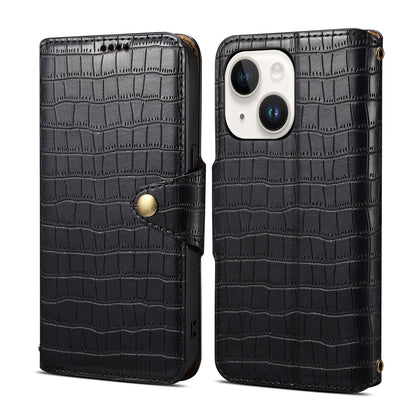 iPhone 15 Plus Denior Leather Case - Crocodile Texture with Oil Edge, Wallet & Kickstand Features