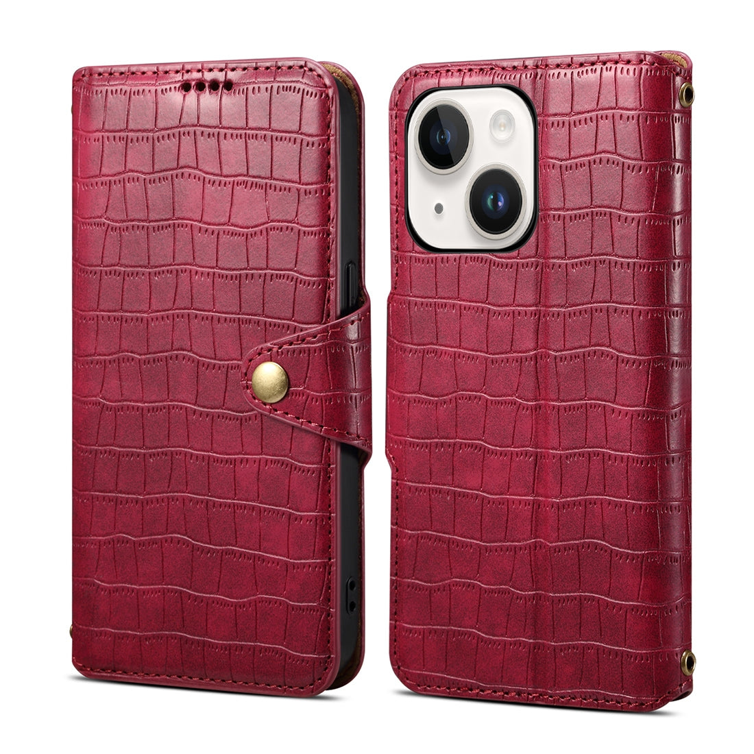 iPhone 15 Denior Leather Case - Crocodile Texture with Oil Edge, Wallet & Kickstand Features