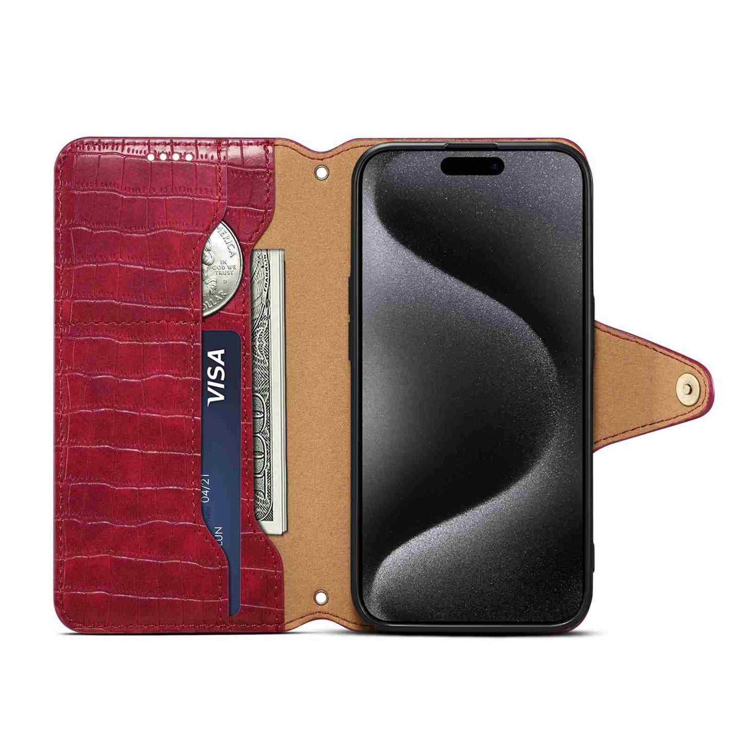 iPhone 15 Denior Leather Case - Crocodile Texture with Oil Edge, Wallet & Kickstand Features