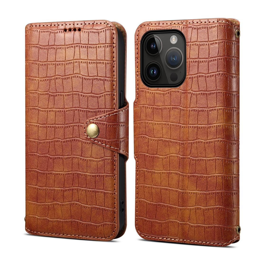 iPhone 14 Pro Denior Leather Case - Crocodile Texture with Oil Edge, Wallet & Kickstand Features