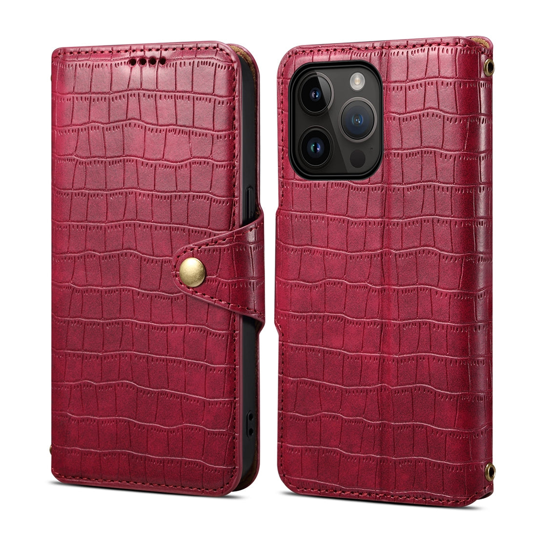 iPhone 14 Pro Denior Leather Case - Crocodile Texture with Oil Edge, Wallet & Kickstand Features