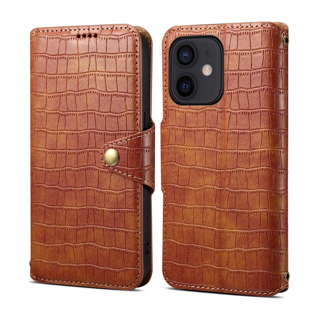 iPhone 12 Denior Leather Case - Crocodile Texture with Oil Edge, Wallet & Kickstand Features