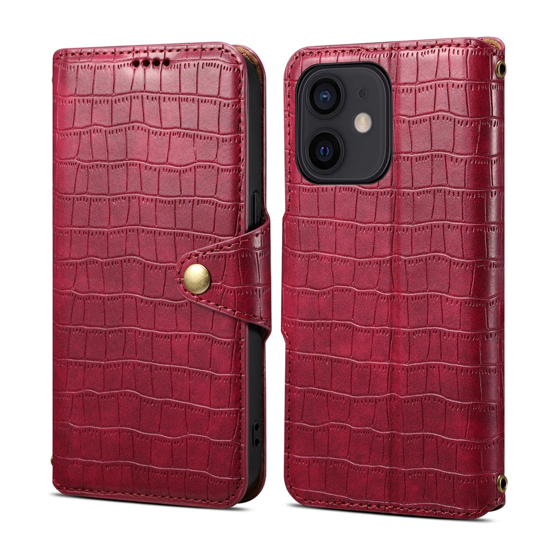 iPhone 12 Denior Leather Case - Crocodile Texture with Oil Edge, Wallet & Kickstand Features