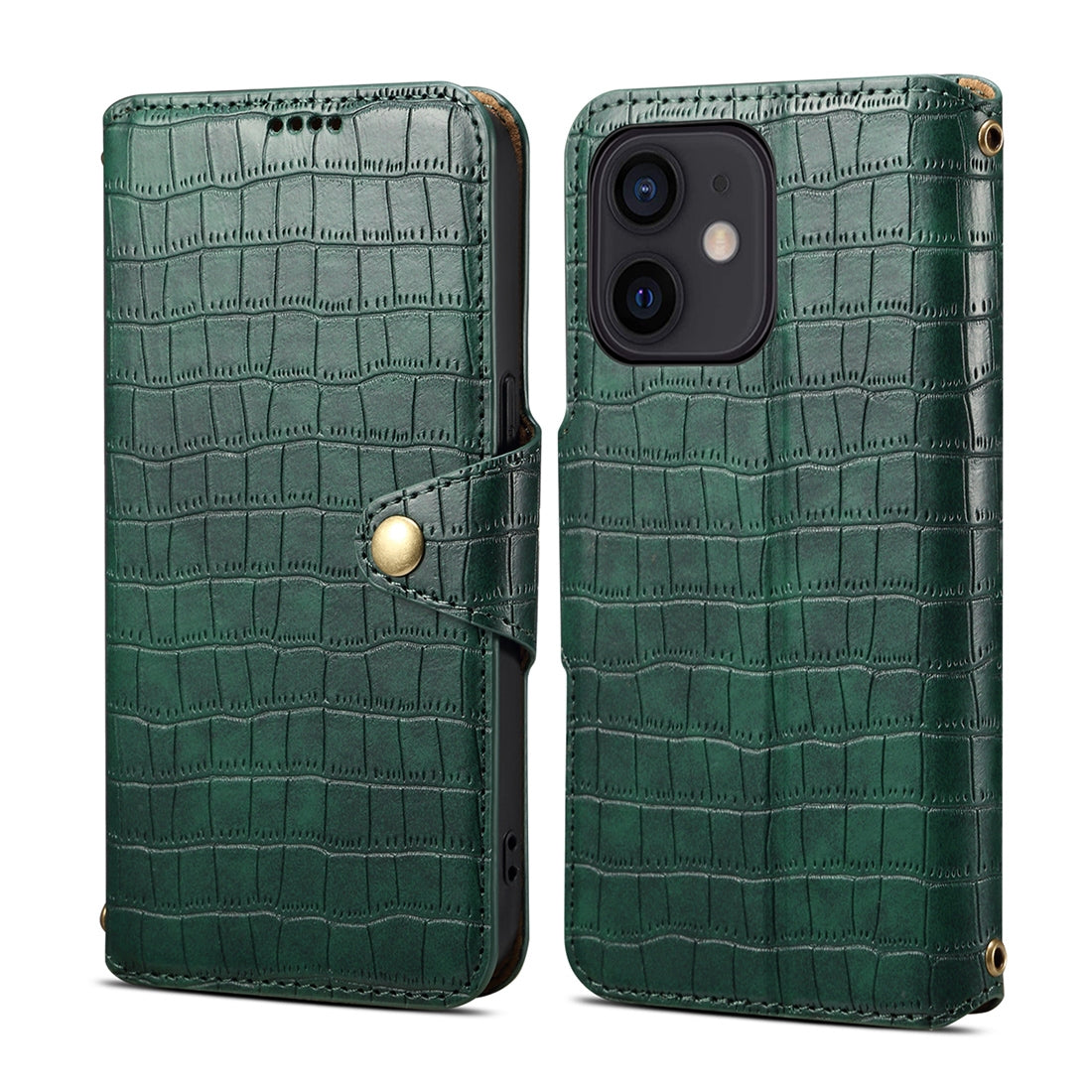 iPhone 12 Denior Leather Case - Crocodile Texture with Oil Edge, Wallet & Kickstand Features