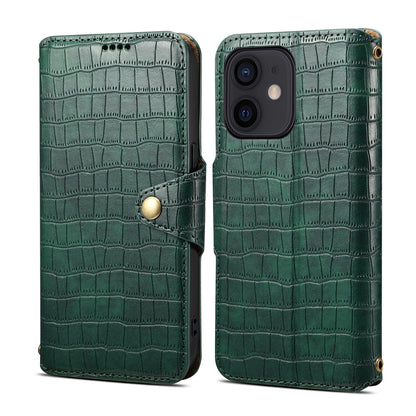 iPhone 12 Denior Leather Case - Crocodile Texture with Oil Edge, Wallet & Kickstand Features