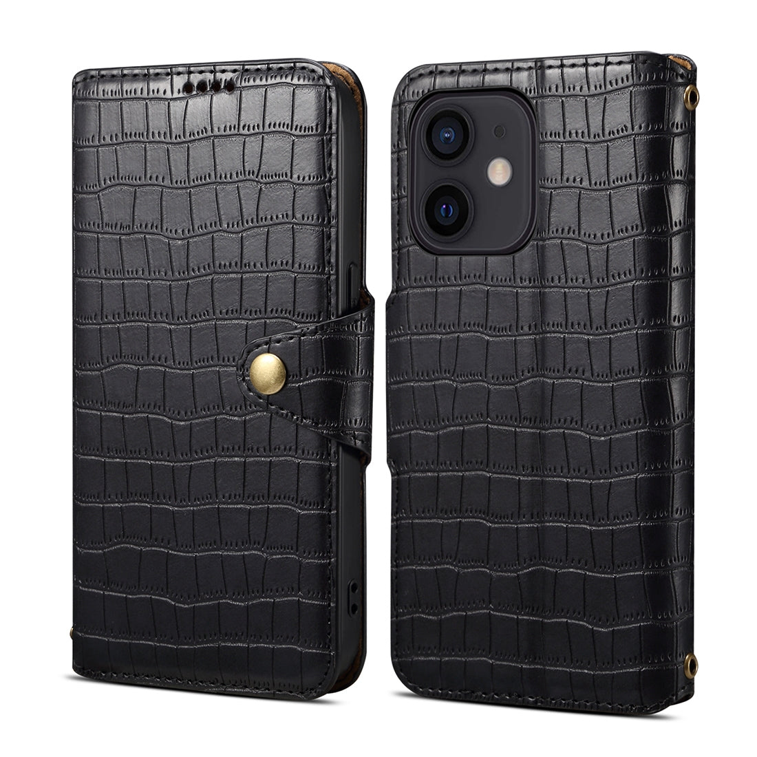 iPhone 12 Denior Leather Case - Crocodile Texture with Oil Edge, Wallet & Kickstand Features