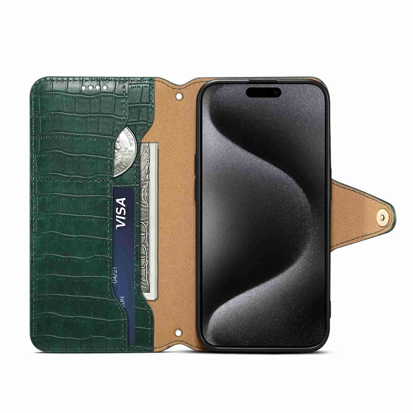 iPhone 12 Pro Denior Leather Case - Crocodile Texture with Oil Edge, Wallet & Kickstand Features