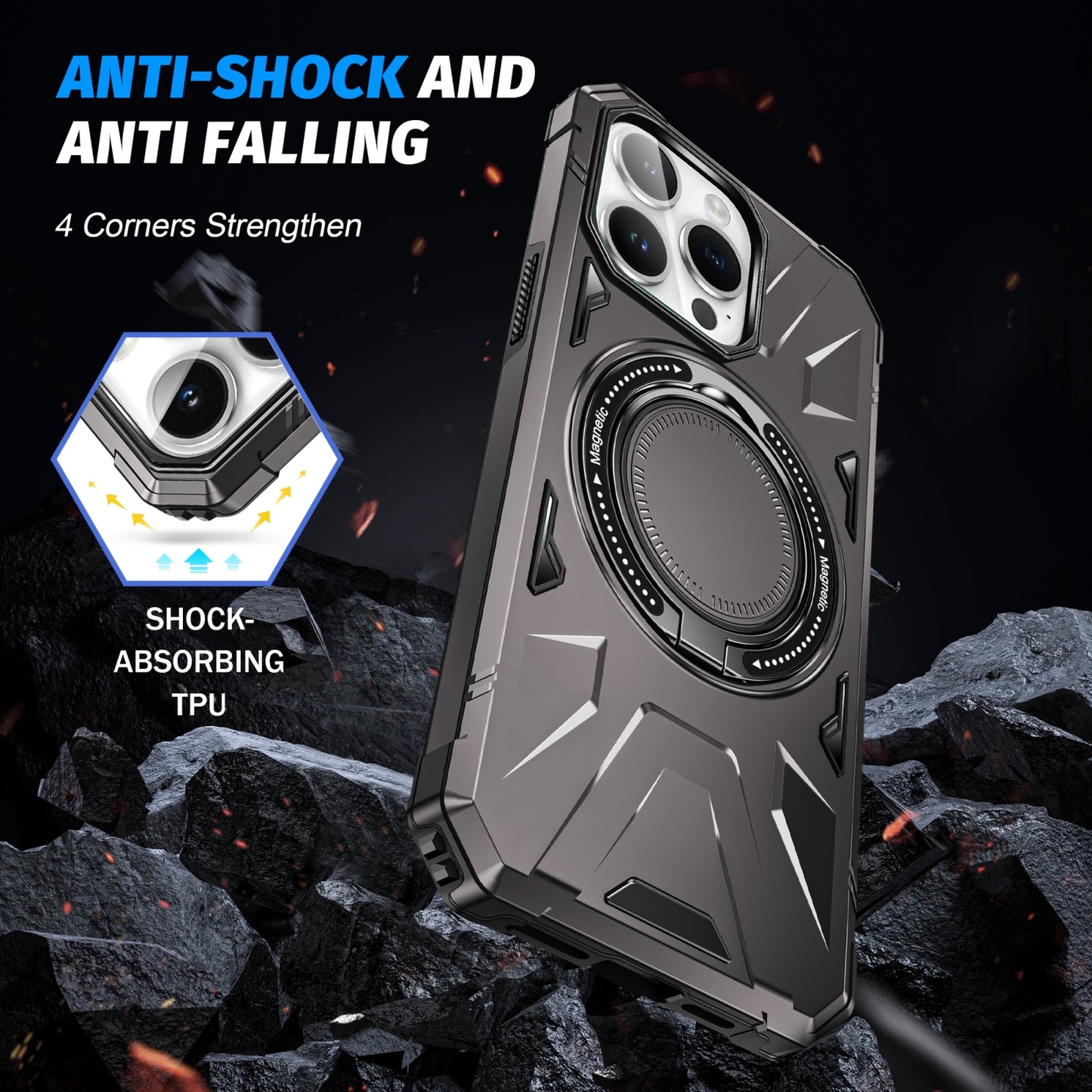 iPhone 13 Pro MagSafe Shockproof Case - Magnetic Ring Holder, Rugged Protection, Wireless Charging Compatible