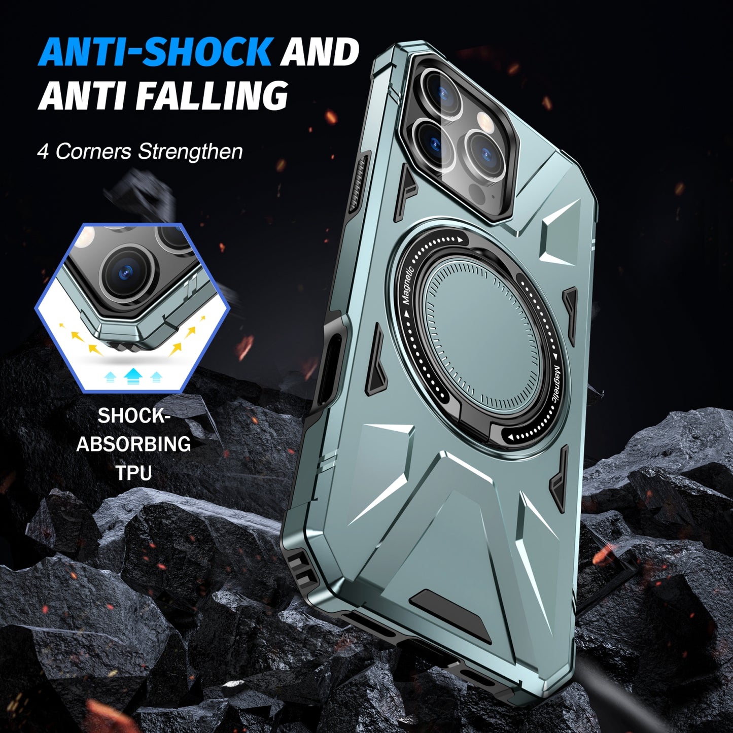 iPhone 16 Pro Max MagSafe Shockproof Case - Magnetic Ring Holder, Rugged Protection, Wireless Charging Compatible