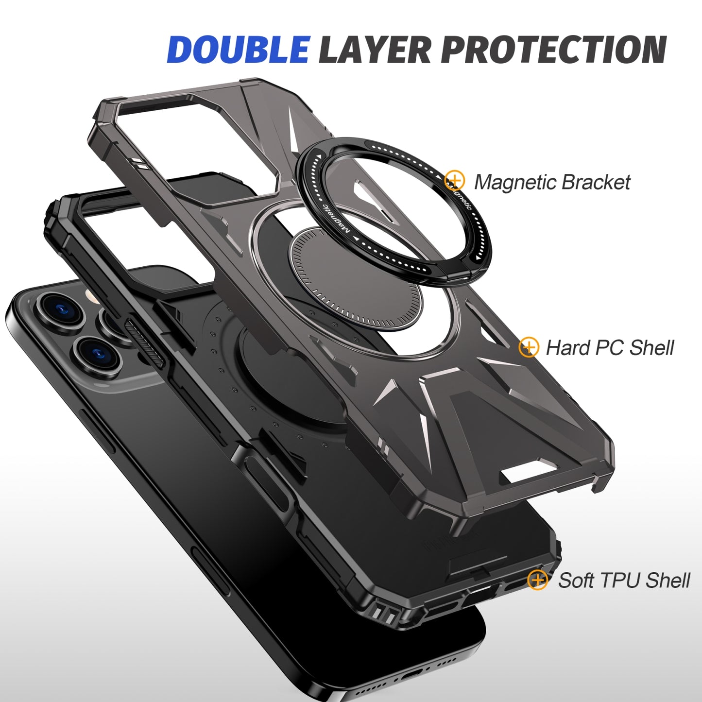 iPhone 16 Pro Max MagSafe Shockproof Case - Magnetic Ring Holder, Rugged Protection, Wireless Charging Compatible