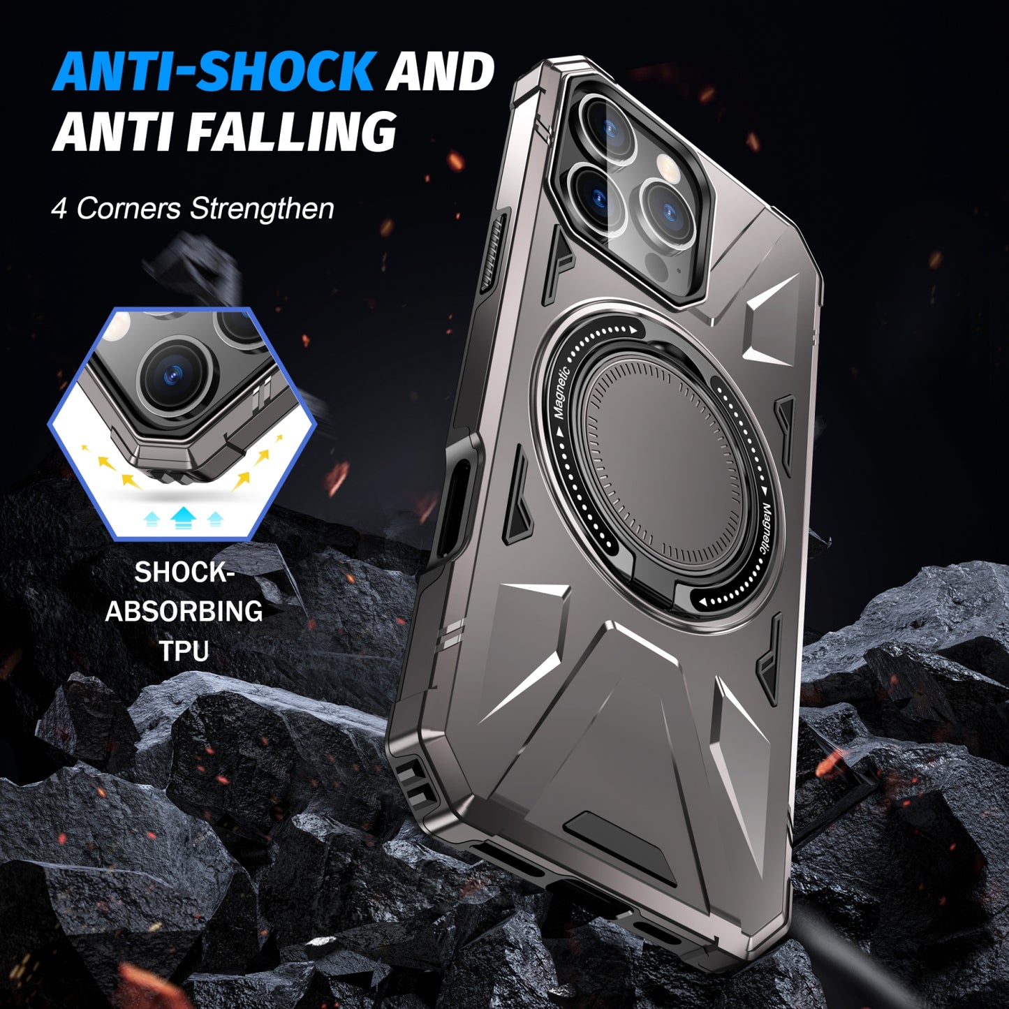 iPhone 16 Pro Max MagSafe Shockproof Case - Magnetic Ring Holder, Rugged Protection, Wireless Charging Compatible