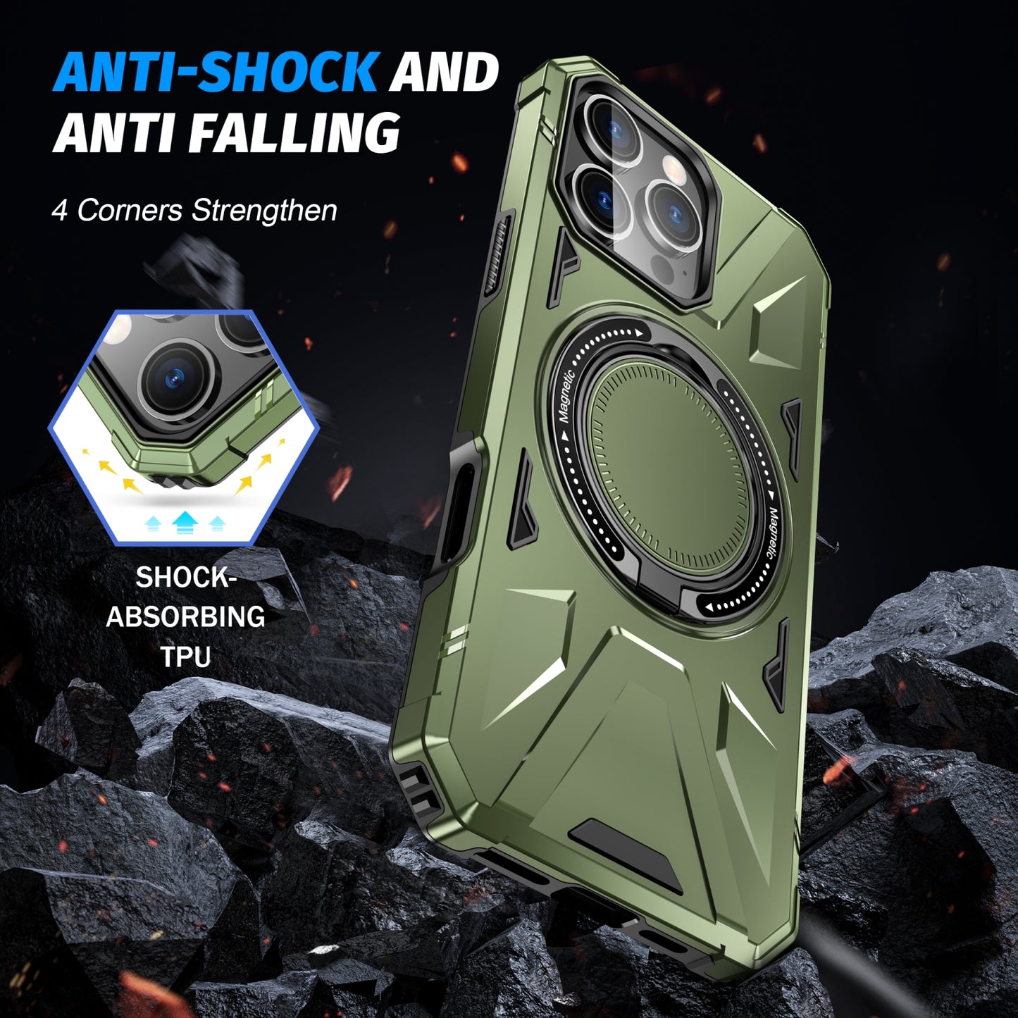 iPhone 16 Pro Max MagSafe Shockproof Case - Magnetic Ring Holder, Rugged Protection, Wireless Charging Compatible