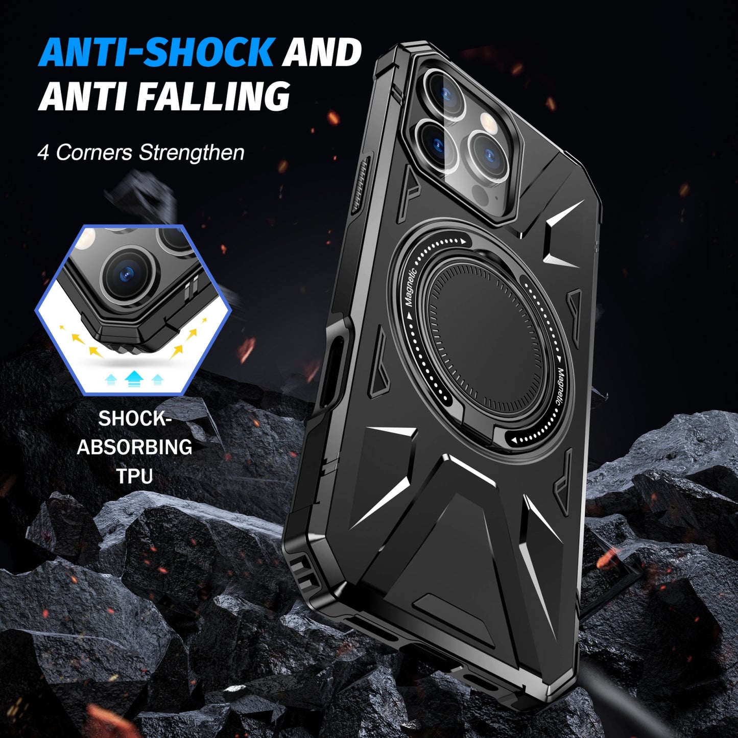 iPhone 16 Pro MagSafe Shockproof Case - Magnetic Ring Holder, Rugged Protection, Wireless Charging Compatible