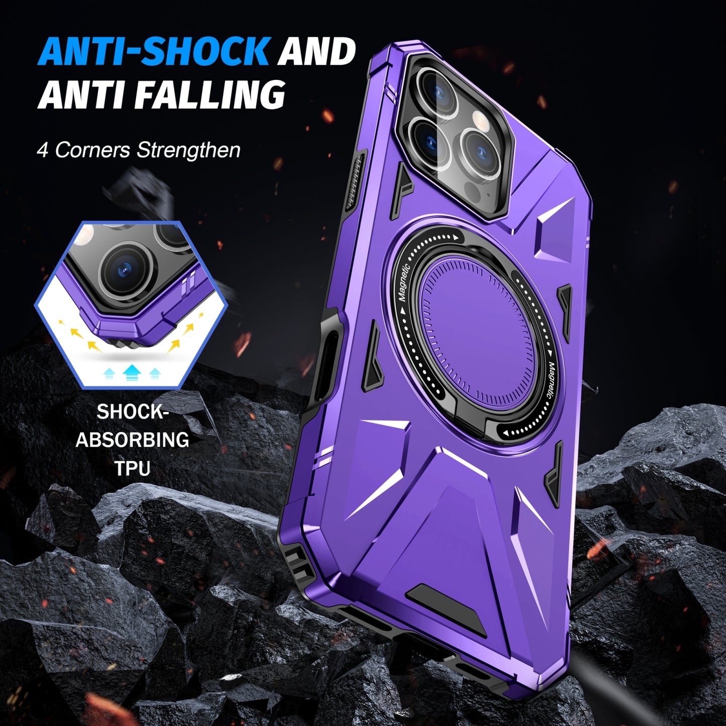 iPhone 16 Pro MagSafe Shockproof Case - Magnetic Ring Holder, Rugged Protection, Wireless Charging Compatible