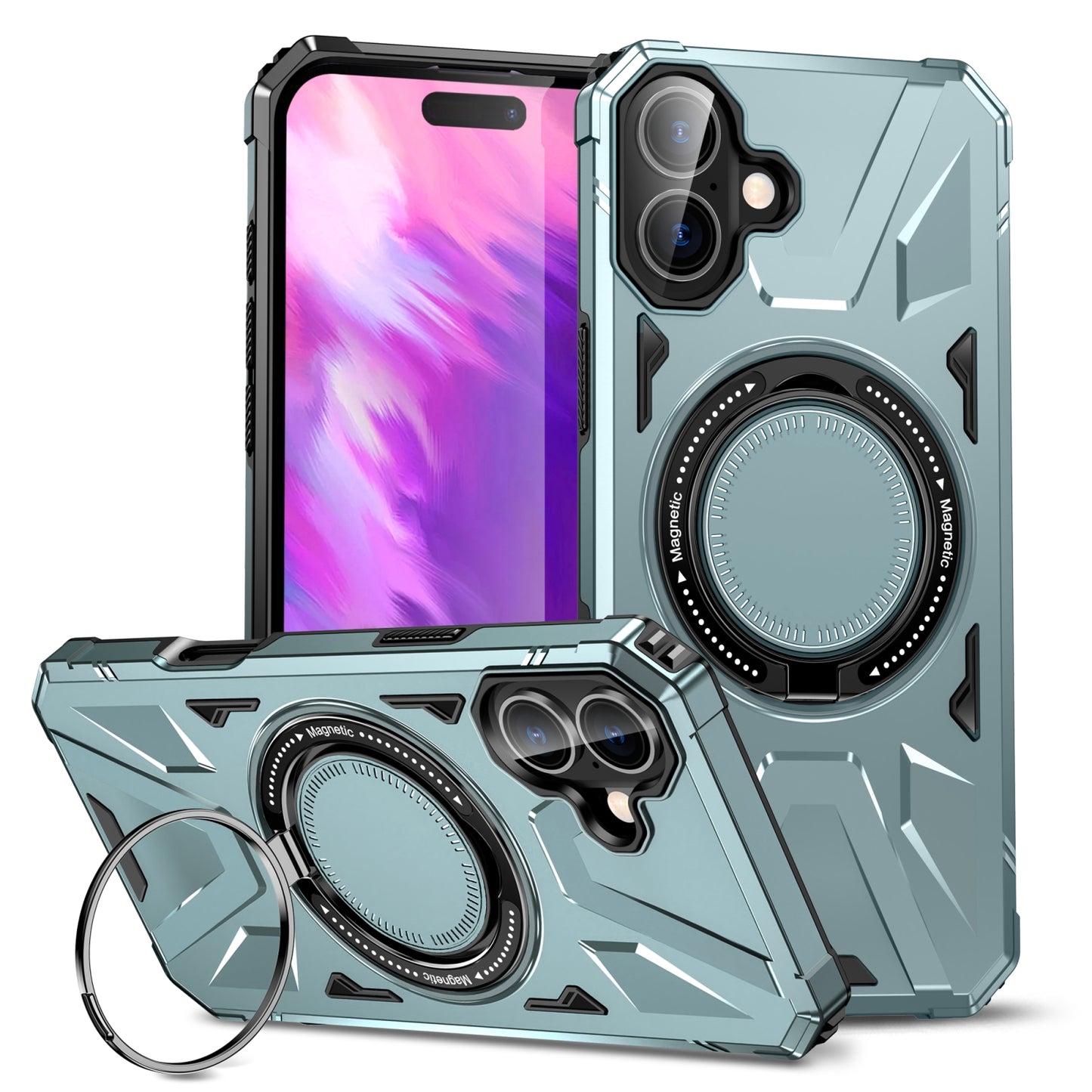 iPhone 16 Plus MagSafe Shockproof Case - Magnetic Ring Holder, Rugged Protection, Wireless Charging Compatible