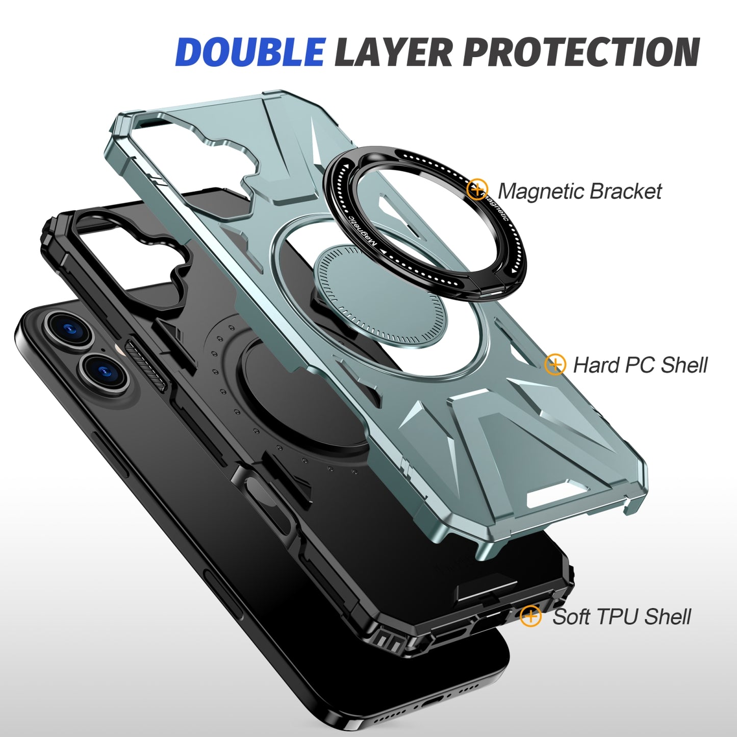 iPhone 16 Plus MagSafe Shockproof Case - Magnetic Ring Holder, Rugged Protection, Wireless Charging Compatible