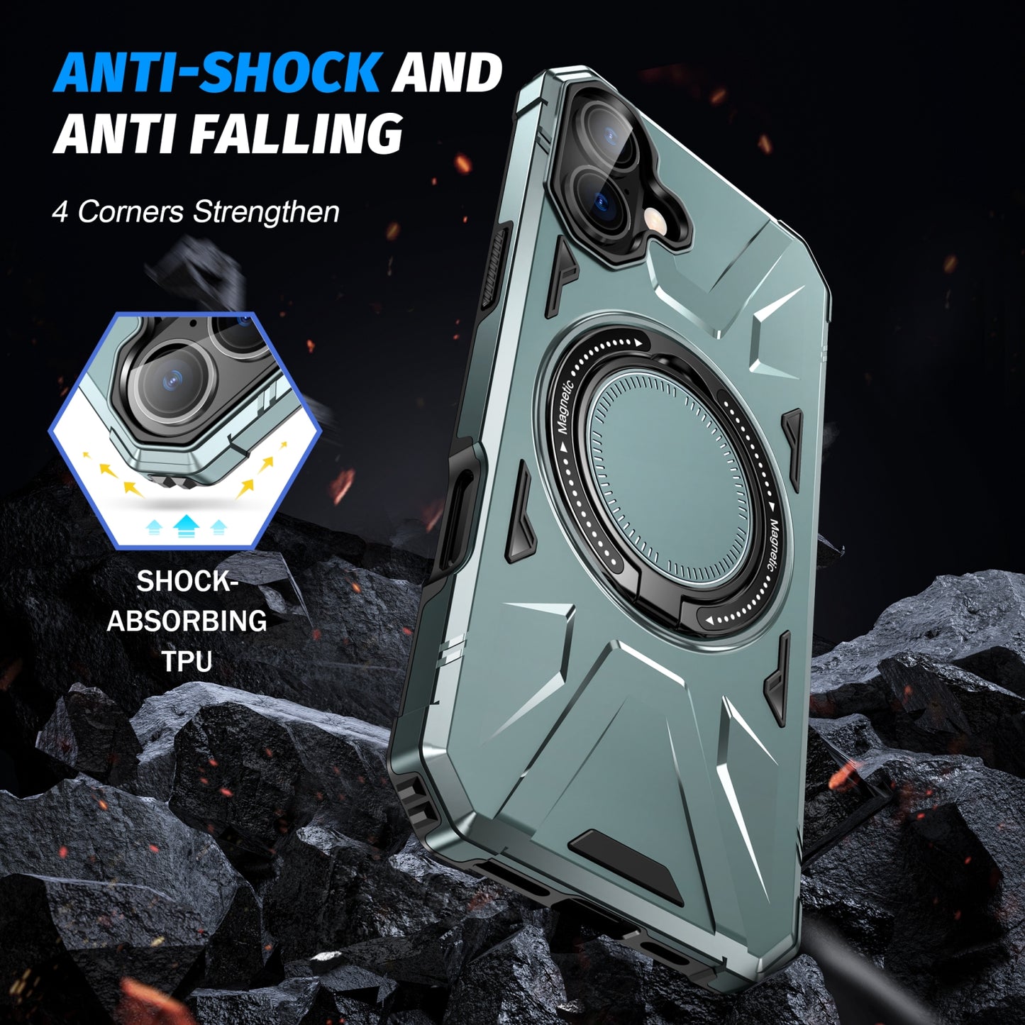 iPhone 16 Plus MagSafe Shockproof Case - Magnetic Ring Holder, Rugged Protection, Wireless Charging Compatible