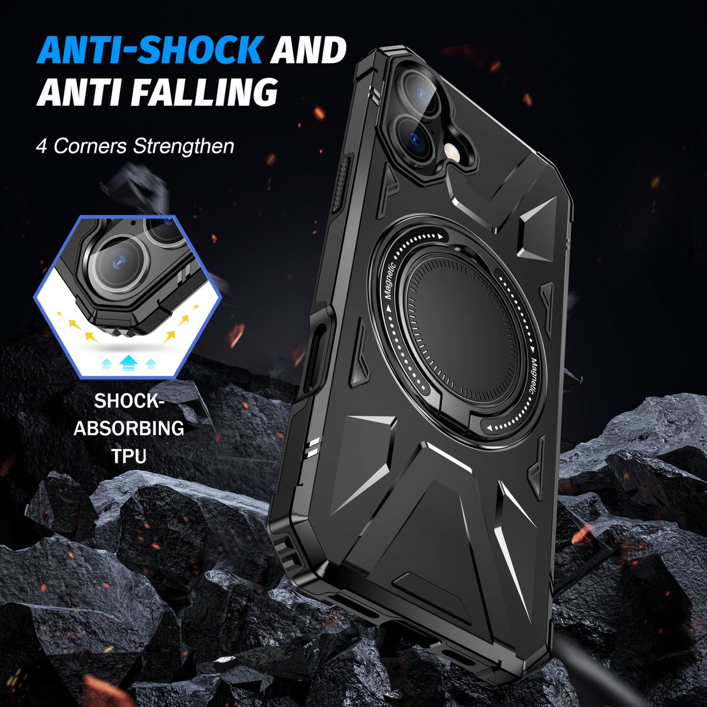 iPhone 16 MagSafe Shockproof Case - Magnetic Ring Holder, Rugged Protection, Wireless Charging Compatible